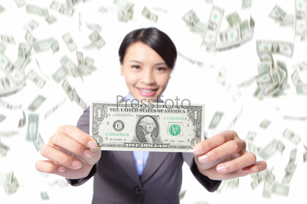 business woman smile show money with falling money rain background, asian beauty model