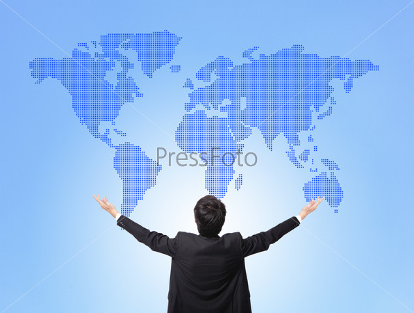 Business man hug global map , blue background, back view, concept for globe business, asian people