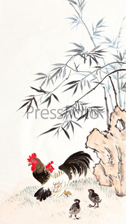 traditional Chinese painting ,bamboo and chicken