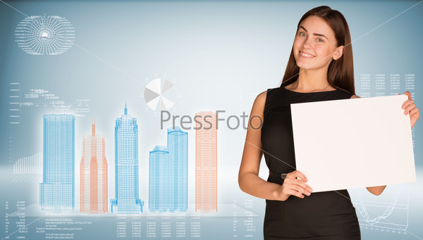 Businesswoman hold paper sheet. Wire-frame glowing