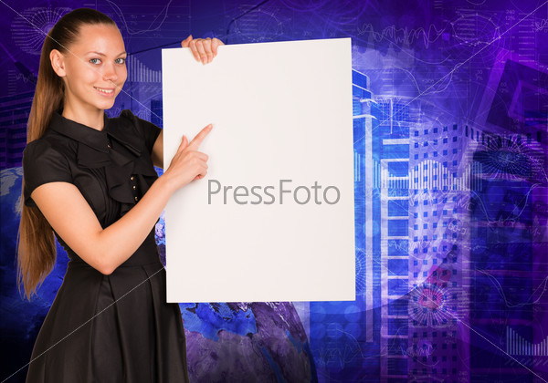 Beautiful businesswoman in dress holding empty paper sheet. Earth and buildings on background