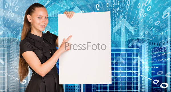 Beautiful businesswoman in dress smiling and holding empty paper sheet. Buildings, figures and arrows as backdrop