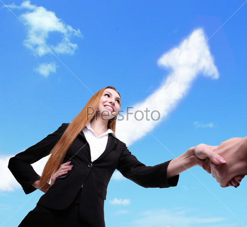 Success Business concept - Business woman and man handshake with arrow cloud and sky in the background,