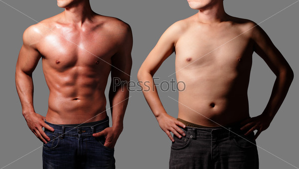 After Sexy muscular young man and before fat man body. Isolated on gray background. asian