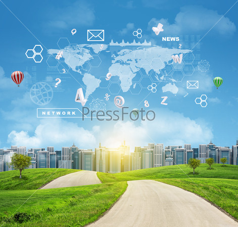 Buildings, green hills and road. World map, hexagons and flying letters. Business concept
