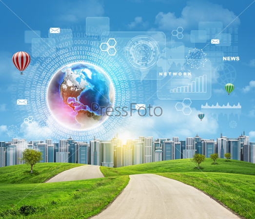 Road with green grass. Buildings and Earth with virtual elements as backdrop. Business concept. Elements of this image furnished by NASA