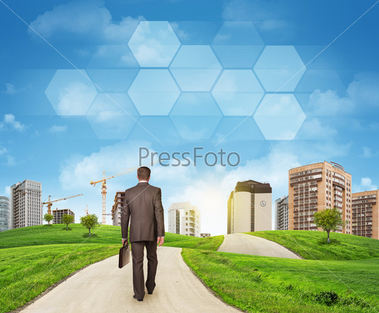 Businessman walks on road. Rear view. Buildings, grass field and sky with hexagons. Business concept