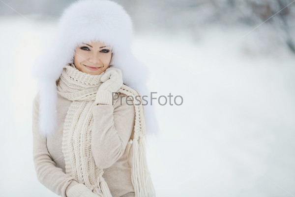 Christmas new year snow winter beautiful girl in white hat nature