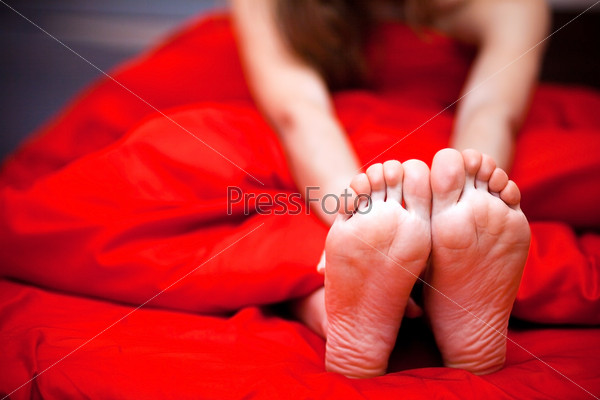 Beautiful feet of a young woman lying in bed, closeup