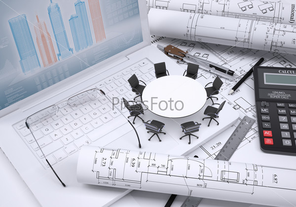 Miniature round table with chairs scrolled drawing and glasses on laptop keyboard, calculator and a few other tools on spread architectural drawings, couple of scrolled drawings beside. Concept of