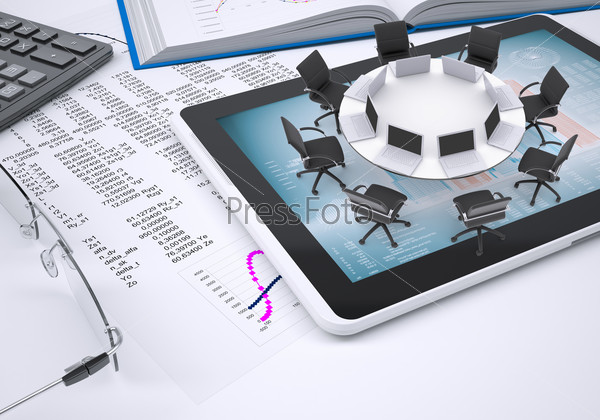 Miniature round table with laptops on it and chairs, placed on tablet pc, book, calculator and glasses, all on paper with columns of figures. Business concept.