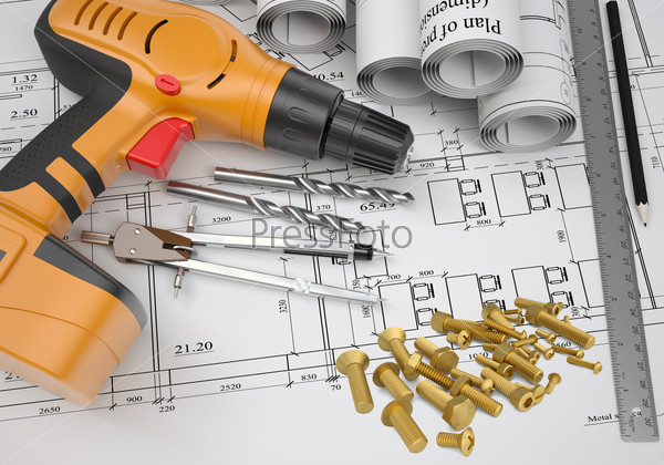 Electric screwdriver, fastening hardware, borers, some draftsmans instruments, scrolled drafts, architectural drawing