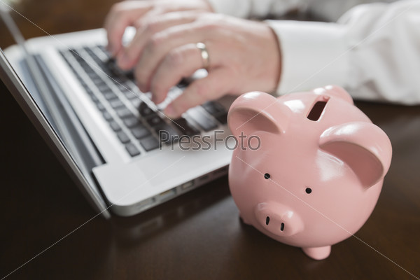 Piggy Bank Near Male Hands Typing on Laptop Computer.
