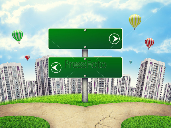 Blank route pointer of two green boards showing opposite directions, by footpath crossroad, against high-rise buildings of same design, a few air baloons above. Curved Earth