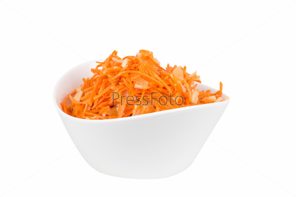 grated carrot with pineapple in a white bowl on a white background