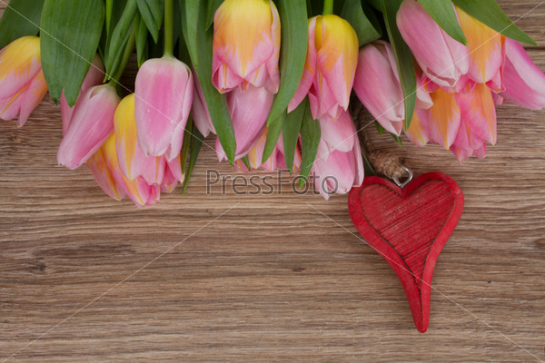 Bouquet of multicolored tulip flowers with heart