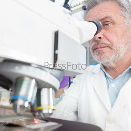 Senior head scientist microscoping in the life science research laboratory ( health care diagnostics, biochemistry, pharmacy, genetics, forensics, microbiology, pharmacogenetics, nano technology ...)