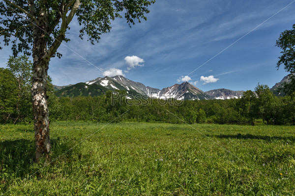 Nature of Kamchatka Peninsula: beautiful summer landscape with mountain view. Russia, Far East, Kamchatka Peninsula