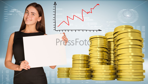 Businesswoman holding blank paper sheet. Stack of coins and graph of growth beside. Hi-tech graphs as backdrop. Business concept