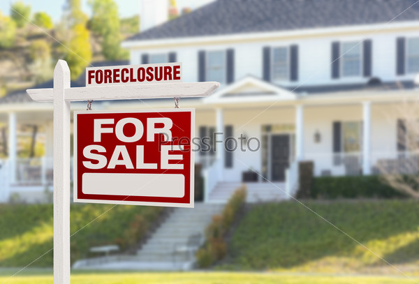 Foreclosure Home For Sale Real Estate Sign in Front of Beautiful Majestic House.
