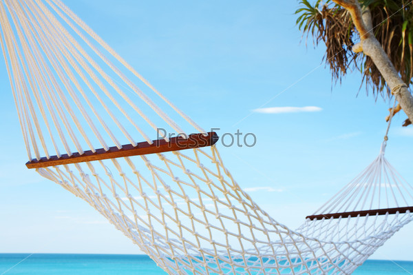 view of nice white  hammock hanging between two palms
