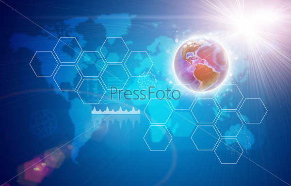 Earth, world map, light and hexagons on blue background