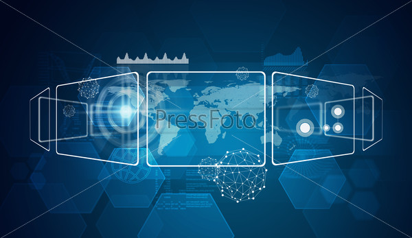 Rectangles with world map and other elements, on blue technology background