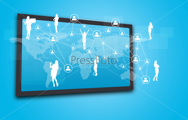 Touchscreen display with world map, network of person icons and female silhouettes, on blue background