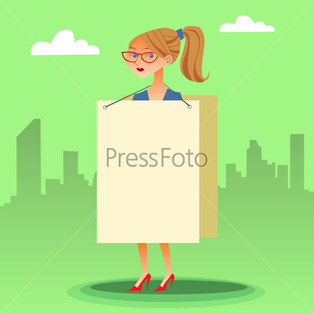 businesswomen with a poster on the street and place for text