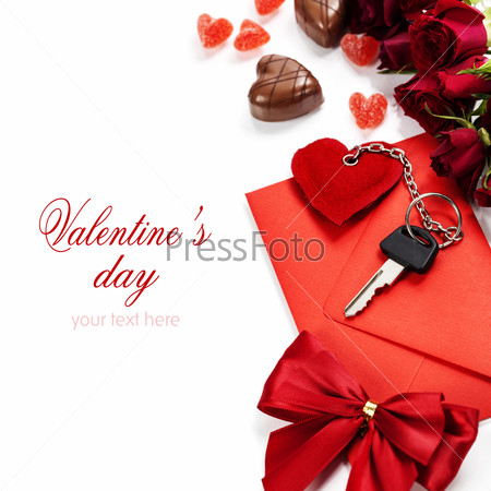 Red  envelop, roses, chocolate and key On white background  (with easy removable sample text)