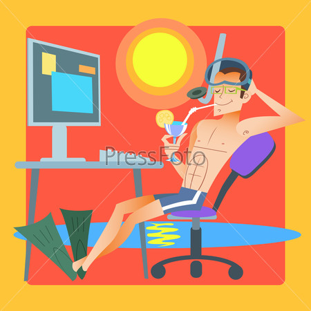 Man in swimming trunks at the resort is working at the computer. Office dream or Freelancer