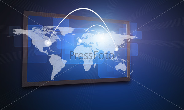 World map on large electronic screen. Technology concept