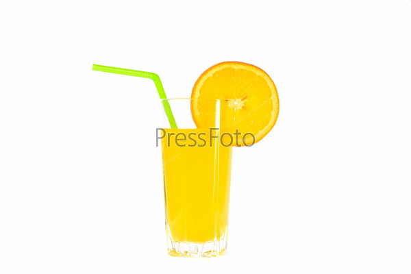 A glass of orange juice with straw and orange slice on a white background