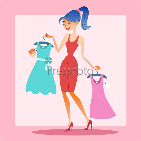 Girl shopping dress choice. Fashion, discounts and sales