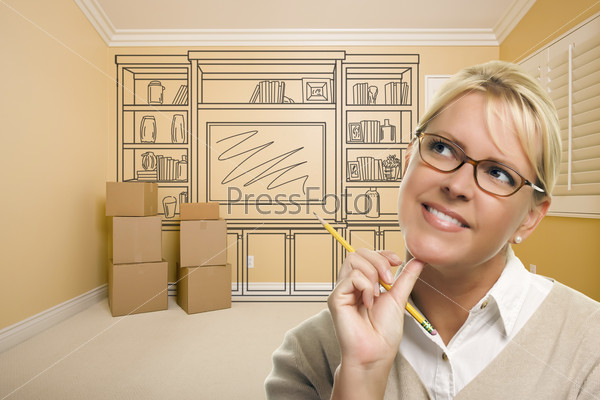 Daydreaming Woman Holding Pencil In Rom with Shelf Drawing on Wa