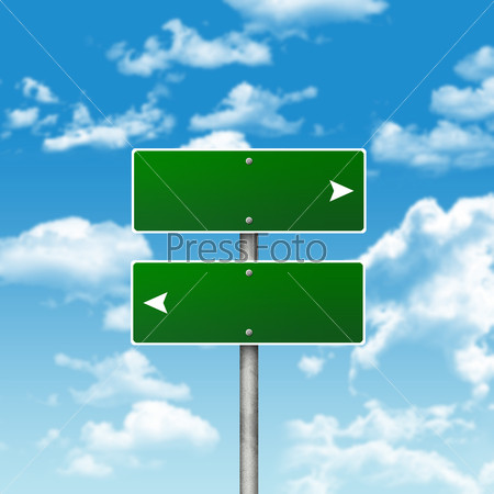Blank green road signs. Clouds in background, stock photo
