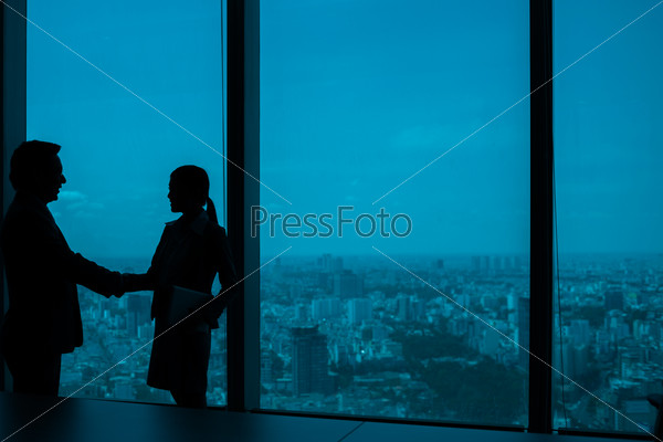 Silhouettes of business people shaking hands in modern office building