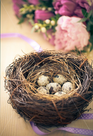 Flowers and easter nest with eggs on rustic wooden background. Spring time. Retro toned