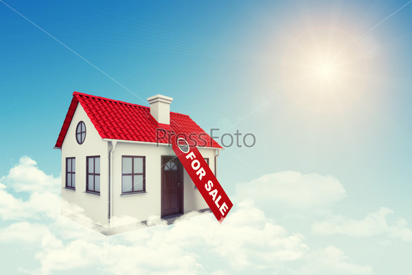 White house with label for sale, red roof, brown door and chimney in cloud. Background sun shines brightly. Blue sky, stock photo