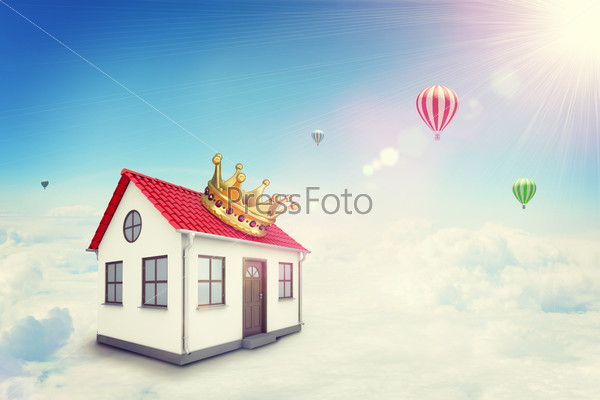 White house with red roof, brown door and crown in cloud. Background sun shines brightly and flying hot air balloon. Blue sky