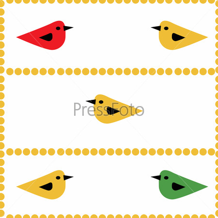 Colorful birds seamless natural background. Yellow, red, green little birds singing surrounded by lines of yellow balls. Khokhloma style.