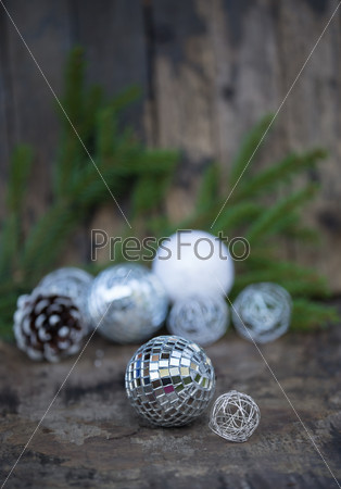 Christmas Mirror balls on wooden background