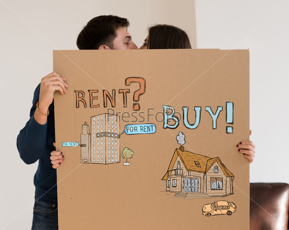 Buy or rent realty. Couple thinking and choosing, Mortgage concept