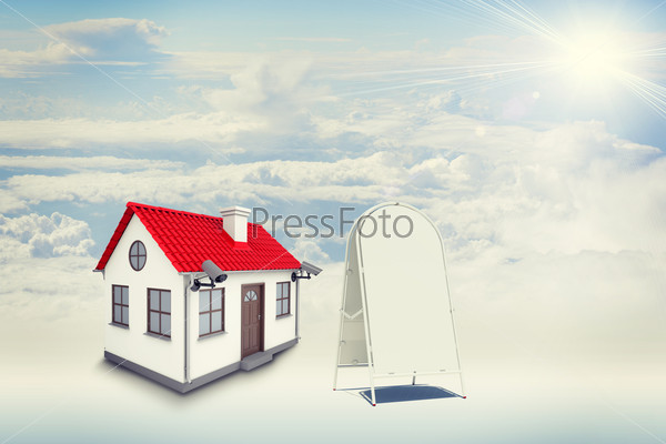 White house with red roof, brown door, chimney and outward chambers in clouds. Near with house sidewalk sign. Background sun shines brightly on large clouds