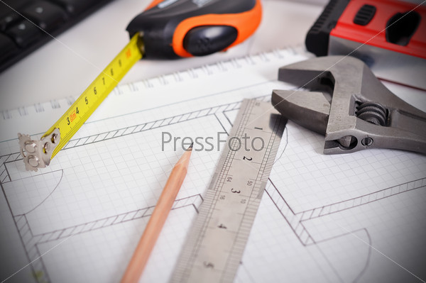 workspace engineer, tape line, line level and wrench