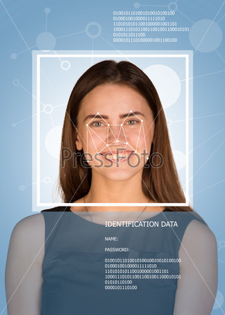 Concept of person identification. Woman in dress, looking at camera, smiling. Face with lines, frame and text. Blue background