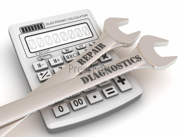 Calculating the cost of repair and diagnostics. Concept Wrenches with the inscription \
