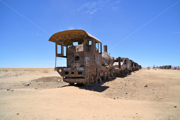 Rusty steam locomotives, train cemetery in Bolivia