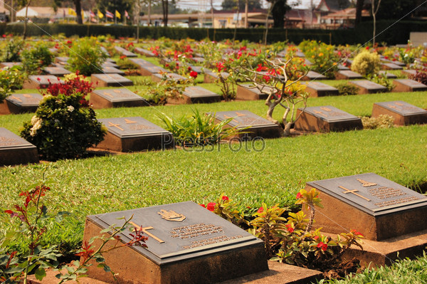 Rows of Confederate Veterans tombstones during World War 2 in Kanchanaburi province, Thailand