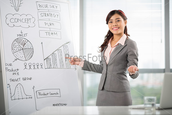 Smiling business woman pointing at the hand-drawn diagram on the whiteboard